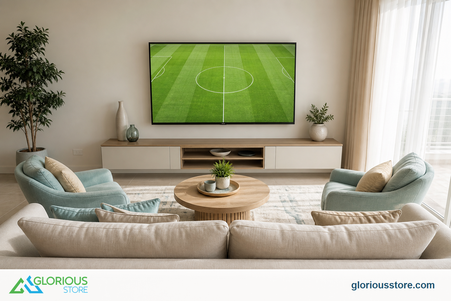 What TV Size Is Best for a UAE Living Room? 4K Viewing Distance Guide Bright UAE living room with a centered 4K TV and group seating angled toward the screen