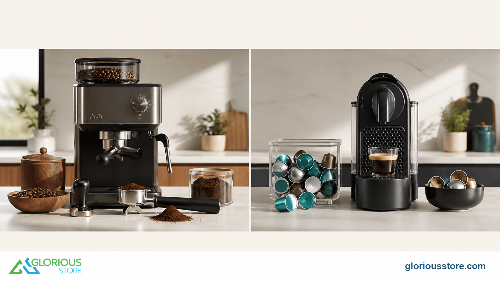 Espresso Machine With Grinder vs Pods: UAE Back-to-School Guide Side-by-side comparison of a whole-bean grinder espresso workflow and a compact coffee-pod workflow