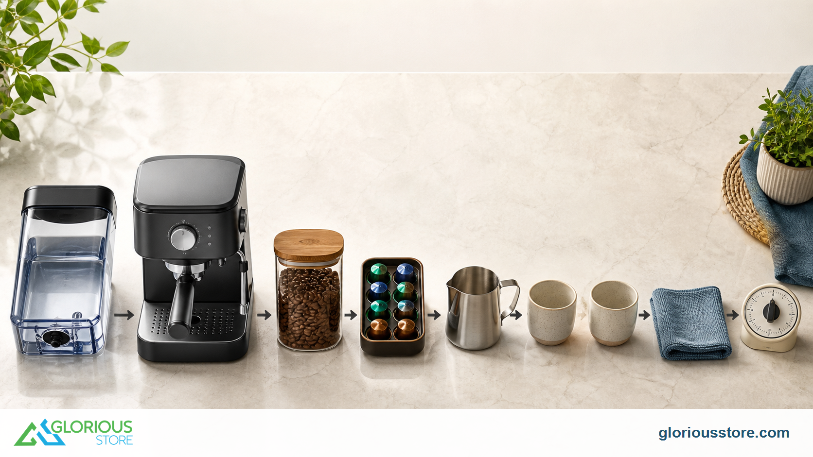 Espresso Machine With Grinder vs Pods: UAE Back-to-School Guide Prepared espresso station with water, beans, pods, milk pitcher, cups, cleaning cloth, and timer