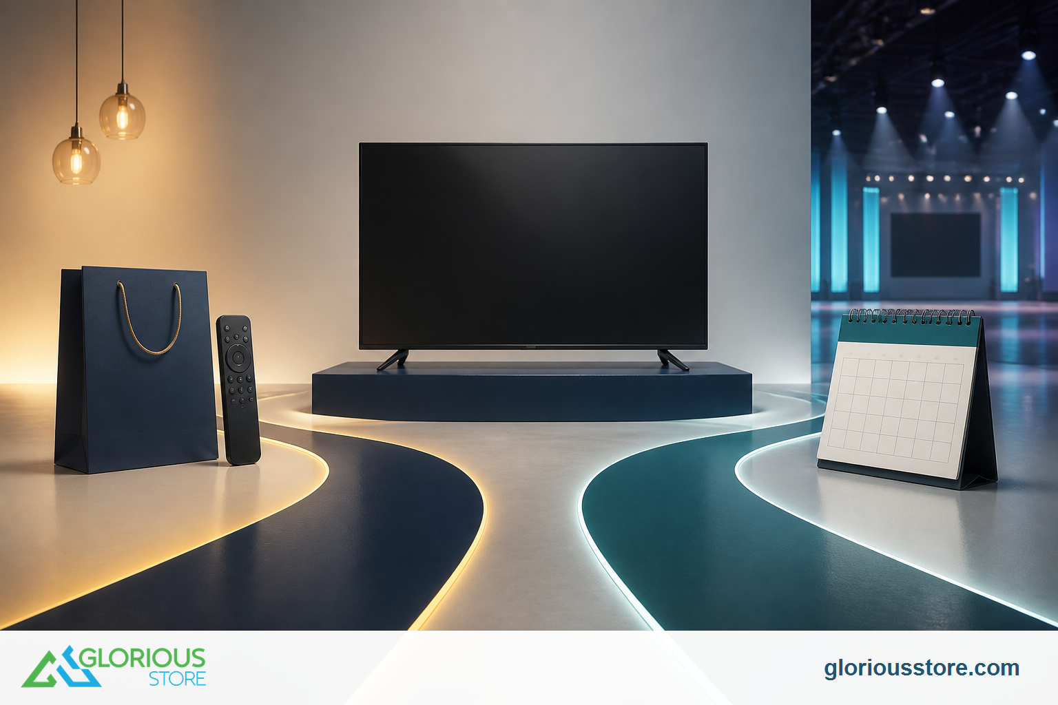 Should You Wait for IFA 2026 to Buy a Smart TV in the UAE? A smart television between a buy-now path with a shopping bag and a wait path with a calendar and exhibition lights