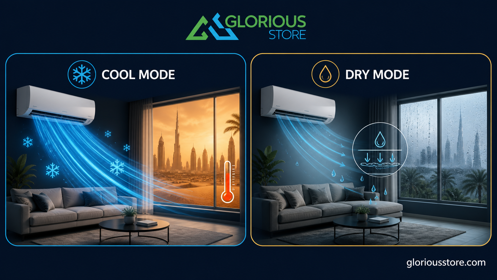 AC Dry Mode vs Cool Mode in UAE Humidity: Which Should You Use? Cool mode and Dry mode comparison for UAE homes