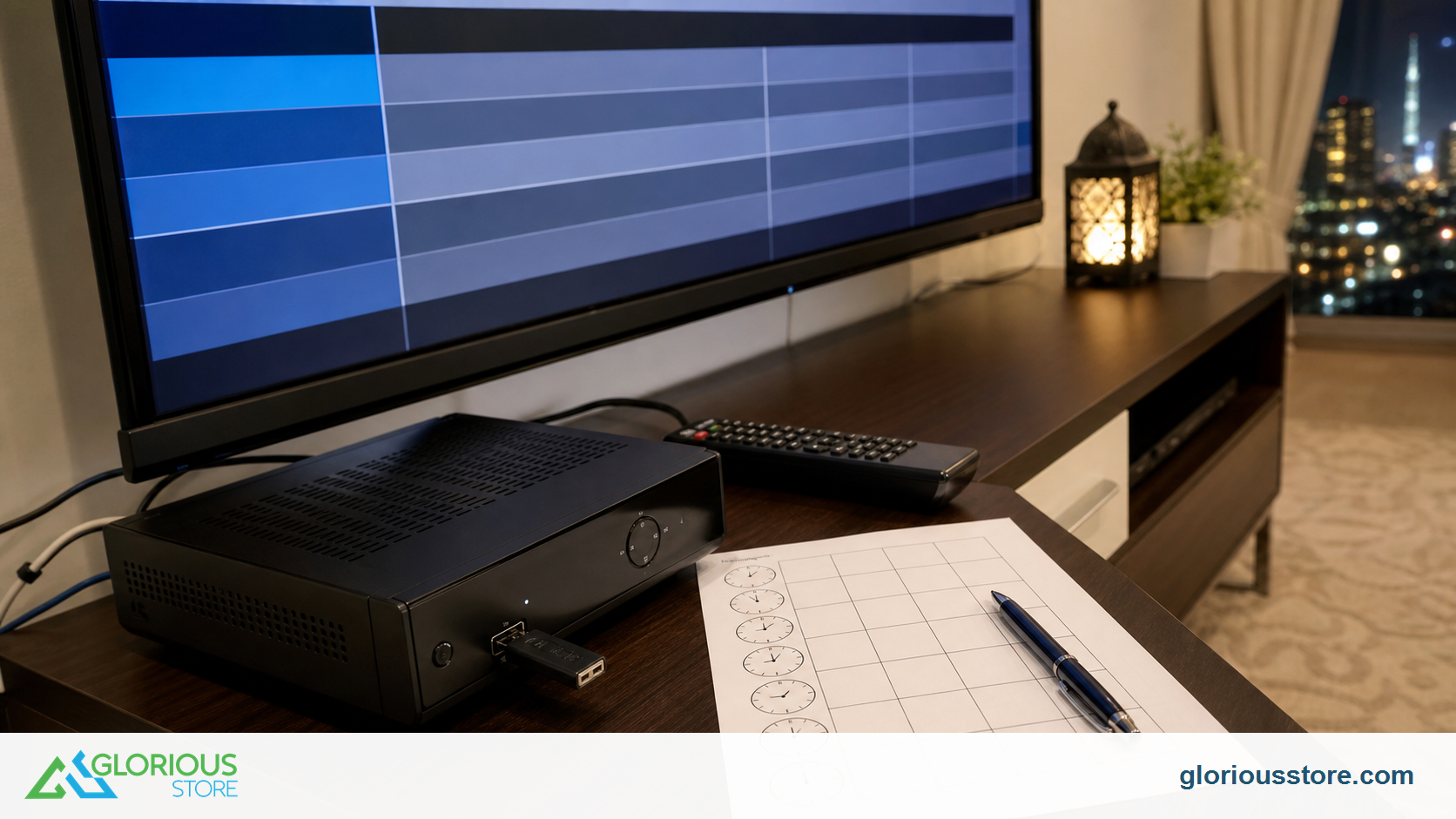 USB PVR Satellite Receiver Guide: Record Football in the UAE Satellite receiver recording preparation with USB drive, remote, blank schedule grid and television EPG