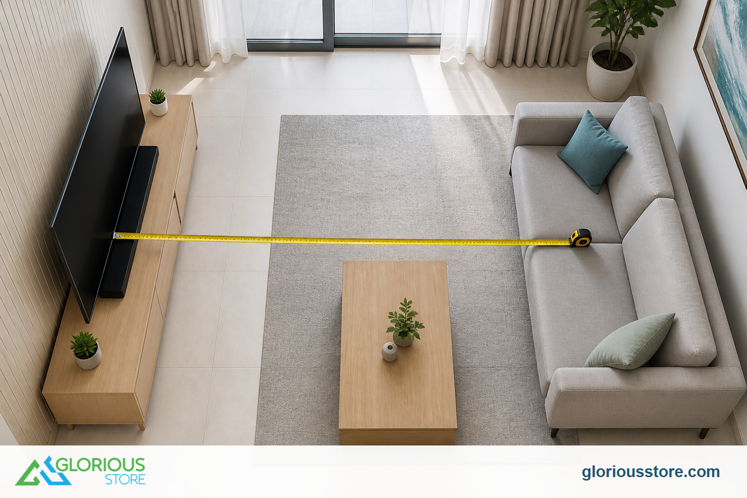 What TV Size Is Best for a UAE Living Room? 4K Viewing Distance Guide Tape measure running from a TV screen to the main sofa in a compact UAE living room
