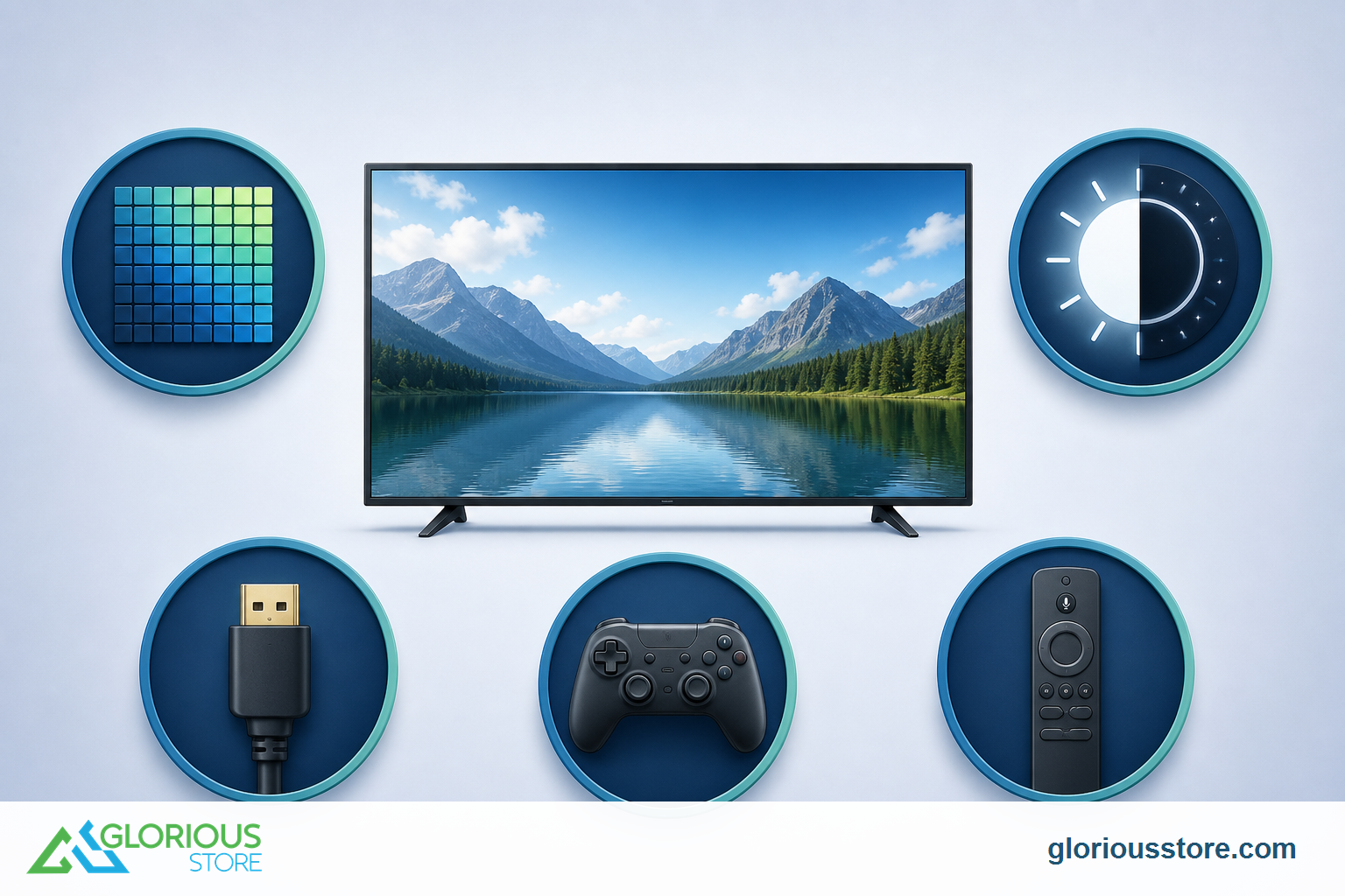 Should You Wait for IFA 2026 to Buy a Smart TV in the UAE? A 4K television surrounded by visual symbols for resolution, HDR, ports, gaming and voice or streaming controls