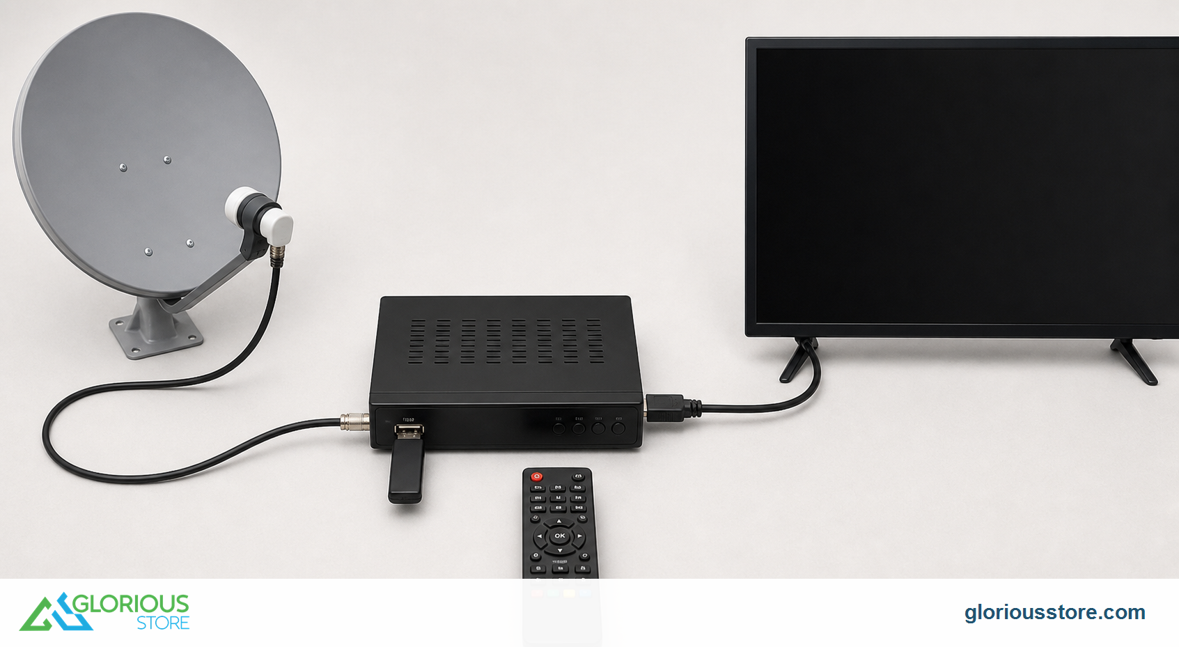 USB PVR Satellite Receiver Guide: Record Football in the UAE Accurate USB PVR connections showing a satellite dish feeding a receiver, USB storage attached to the receiver, HDMI to a television and a remote