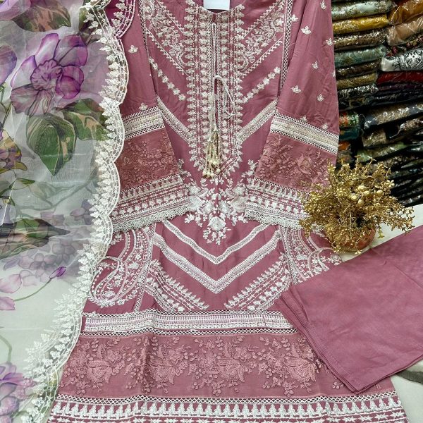 Beautiful 3Pc Stitched Embroidered Linen Shalwar Kameez With Organza Embroidered Dubatta
