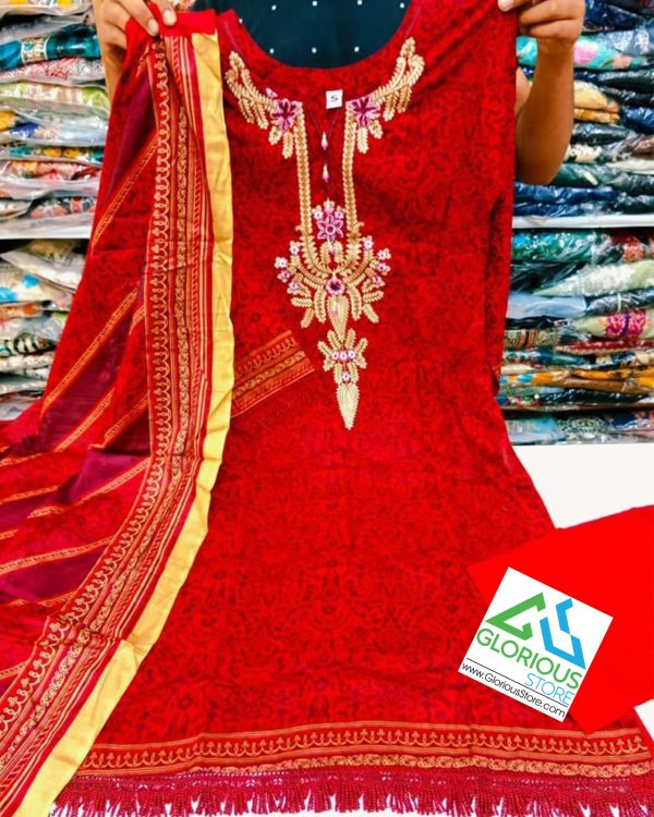 Beautiful 3Pc Stitched Printed And Embroidered Linen Dress