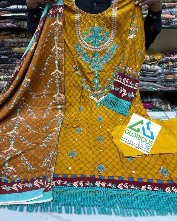 Beautiful 3Pc Stitched Printed And Embroidered Linen Dress