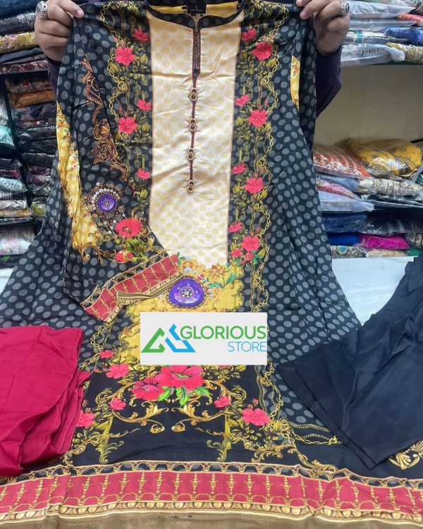 Beautiful 3Pc Stitched Red & Black Linen Shalwar Kameez