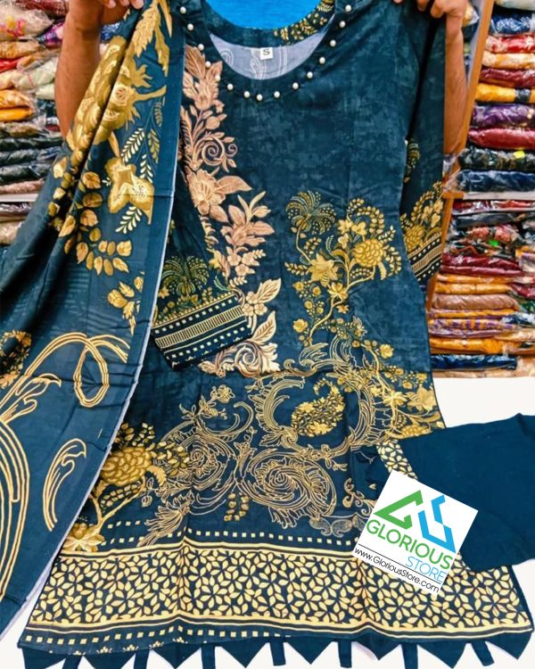 Beautiful 3pc Stitched Digital Printed Embroidered Linen Shalwar Kameez