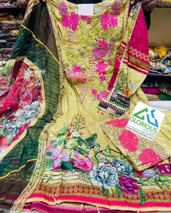 Beautiful 3pc Stitched Digital Printed And Embroidered Linen Shalwar Kameez