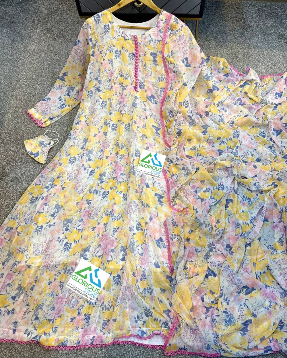 Beautiful 3Pc Stitched Printed Chiffon Frock With Lace Styling