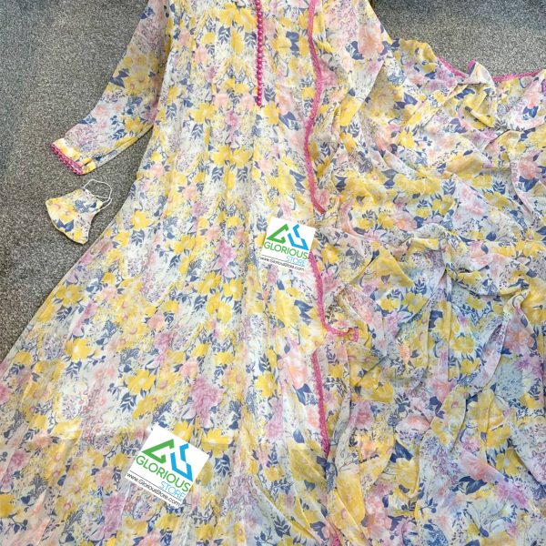Beautiful 3Pc Stitched Printed Chiffon Frock With Lace Styling