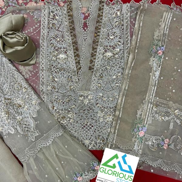 Beautiful 3pc Stitched Part Wear Organza Embroidered Shalwar Kameez With Ready Nackline