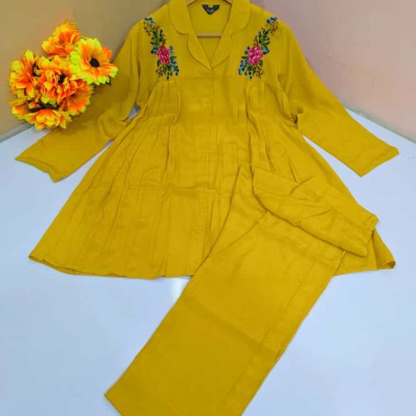 Beautiful 2Pc Stitched Yellow Coloured Frock Style Embroidered Top With Trouser