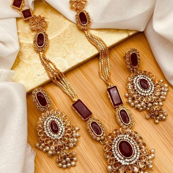 Beautiful Big Mehroon Stones Long Malla With Earrings