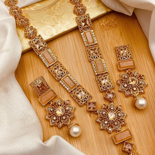 Beautiful Big Golden Stones Flower Design Long Malla With Earrings