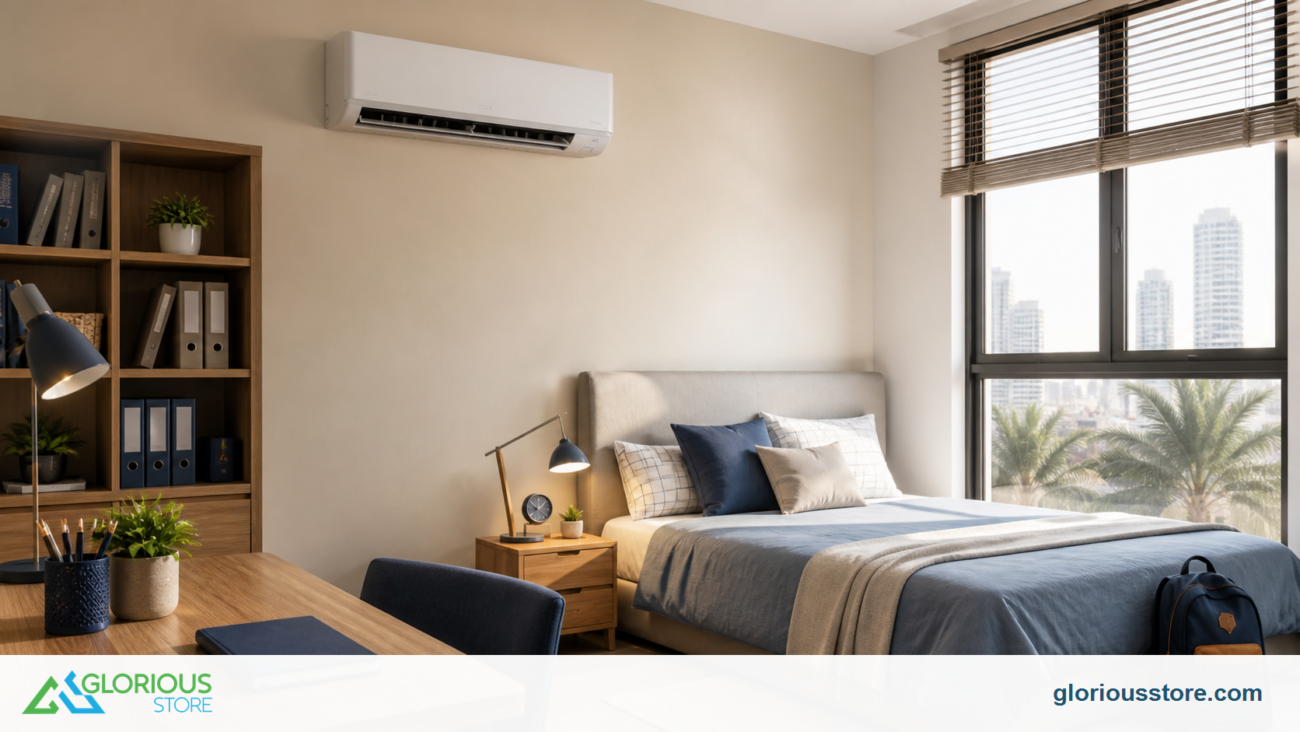 Modern UAE bedroom and study space with a wall-mounted split air conditioner before the school term