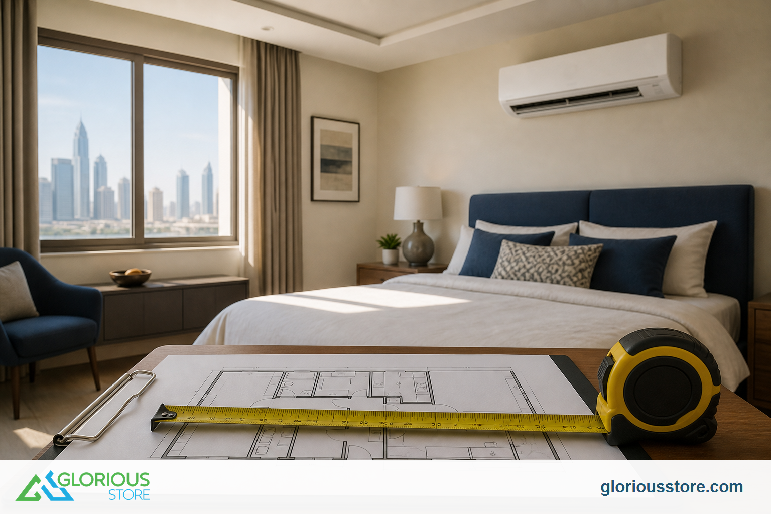 Tape measure and room plan used to assess bedroom dimensions, windows, and cooling load