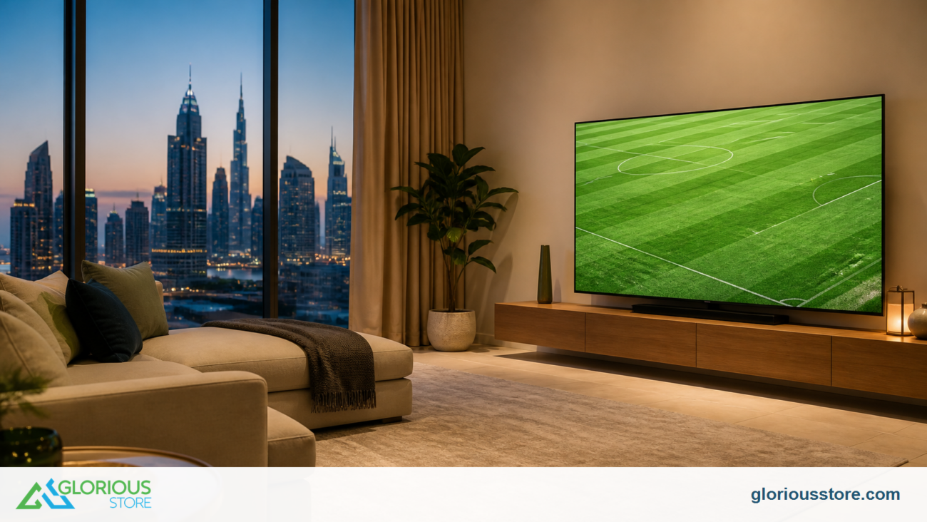 4K TV and sofa in a modern UAE living room prepared for football viewing