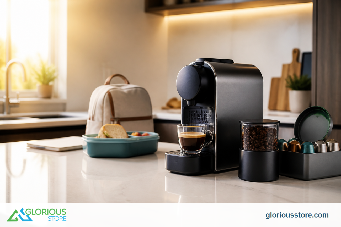 Espresso machine, beans, coffee pods, lunchbox, and school bag in a bright UAE kitchen