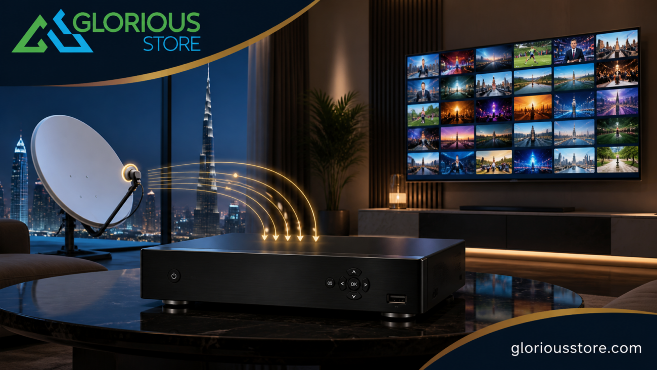 Modern Multi-Stream 4K satellite receiver setup in a UAE living room
