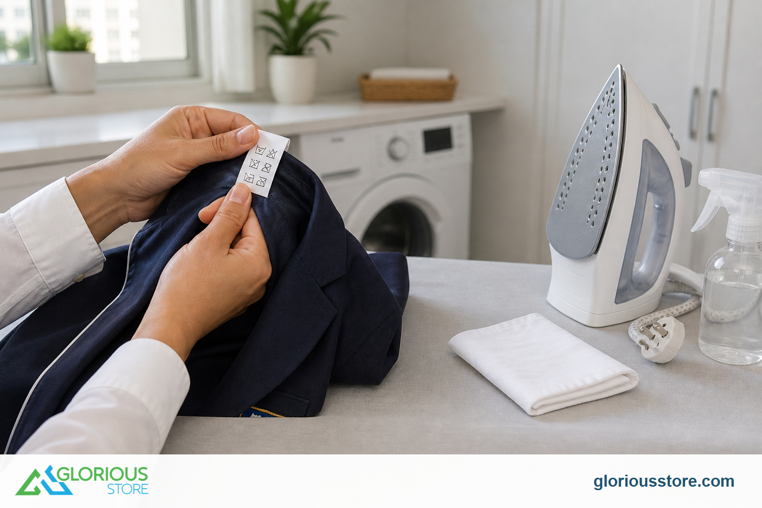 Adult checking a school-uniform care label beside an unplugged upright steam iron