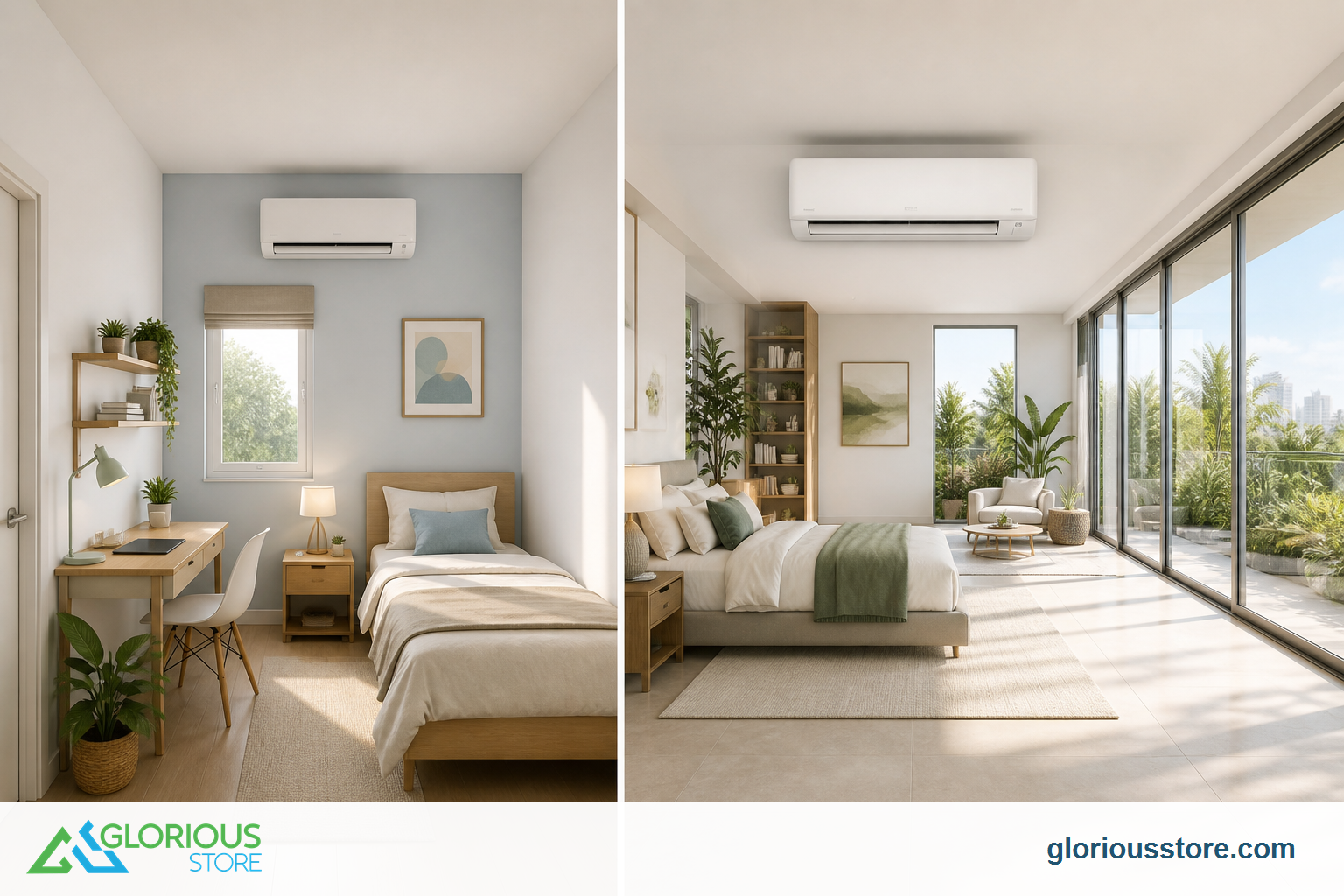Side-by-side view of a compact bedroom and a larger sun-exposed bedroom with split air conditioners