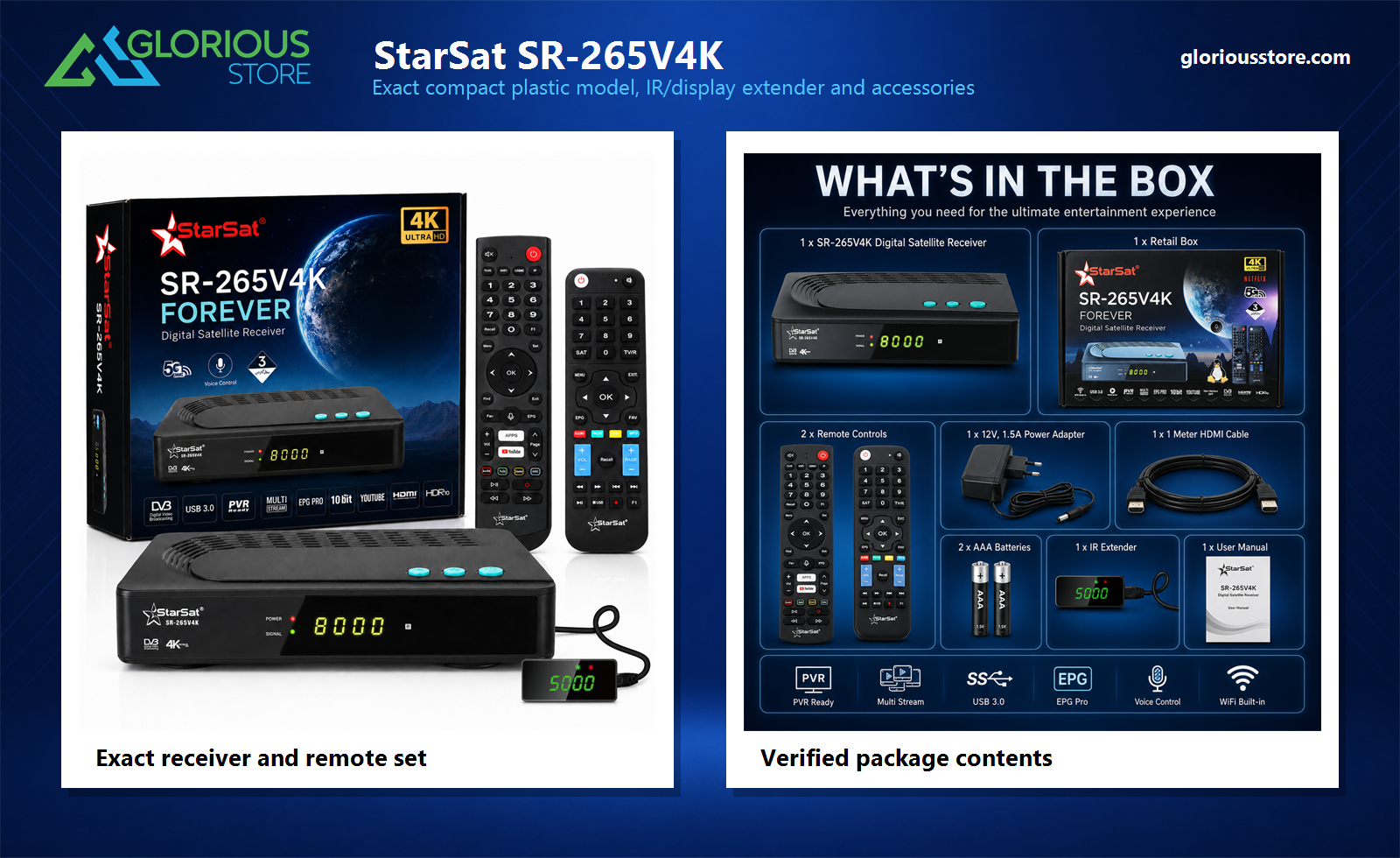 Exact StarSat SR-265V4K compact plastic receiver, model-specific remotes, IR display extender and accessories