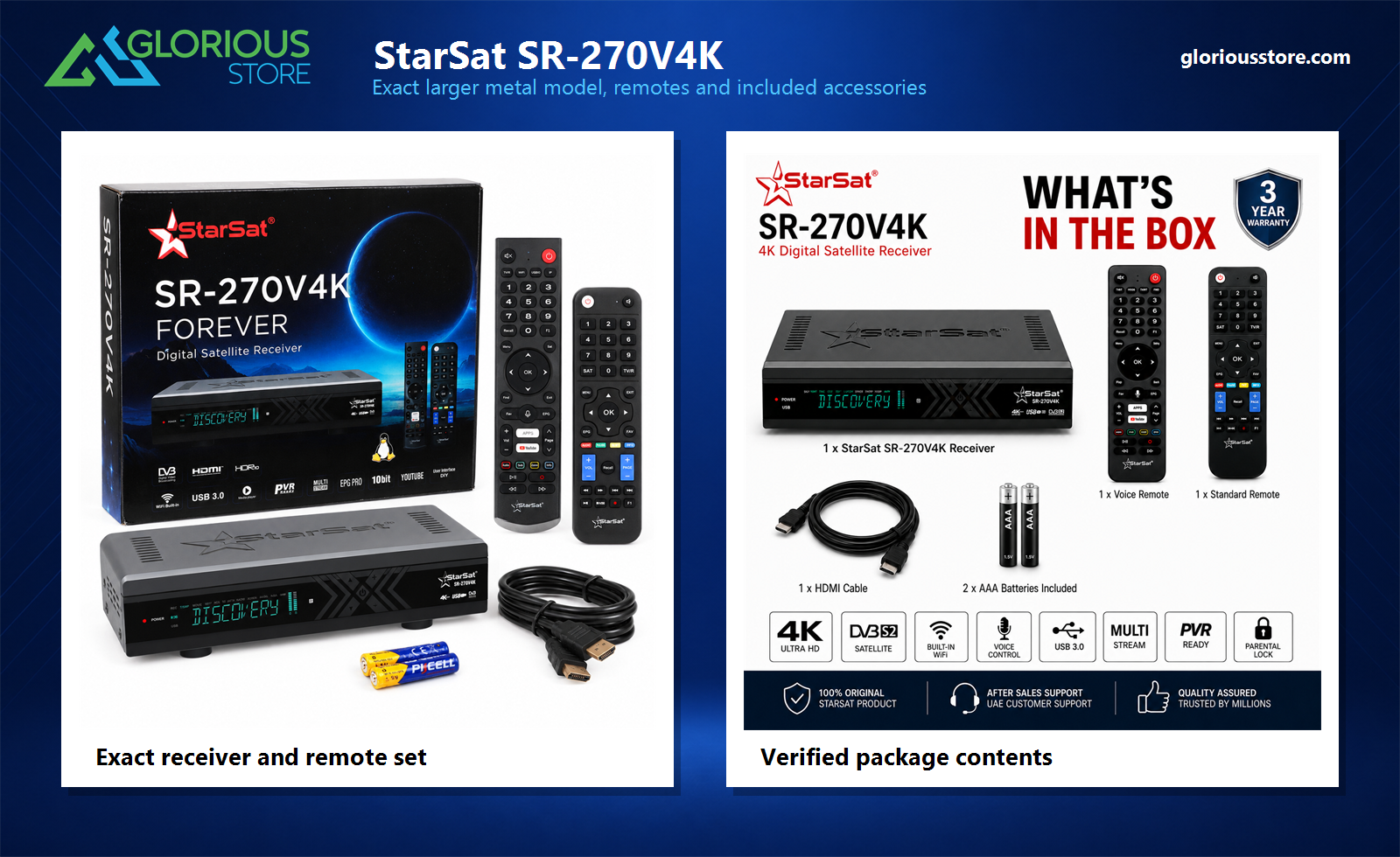 Exact StarSat SR-270V4K metal receiver, model-specific remotes and included accessories