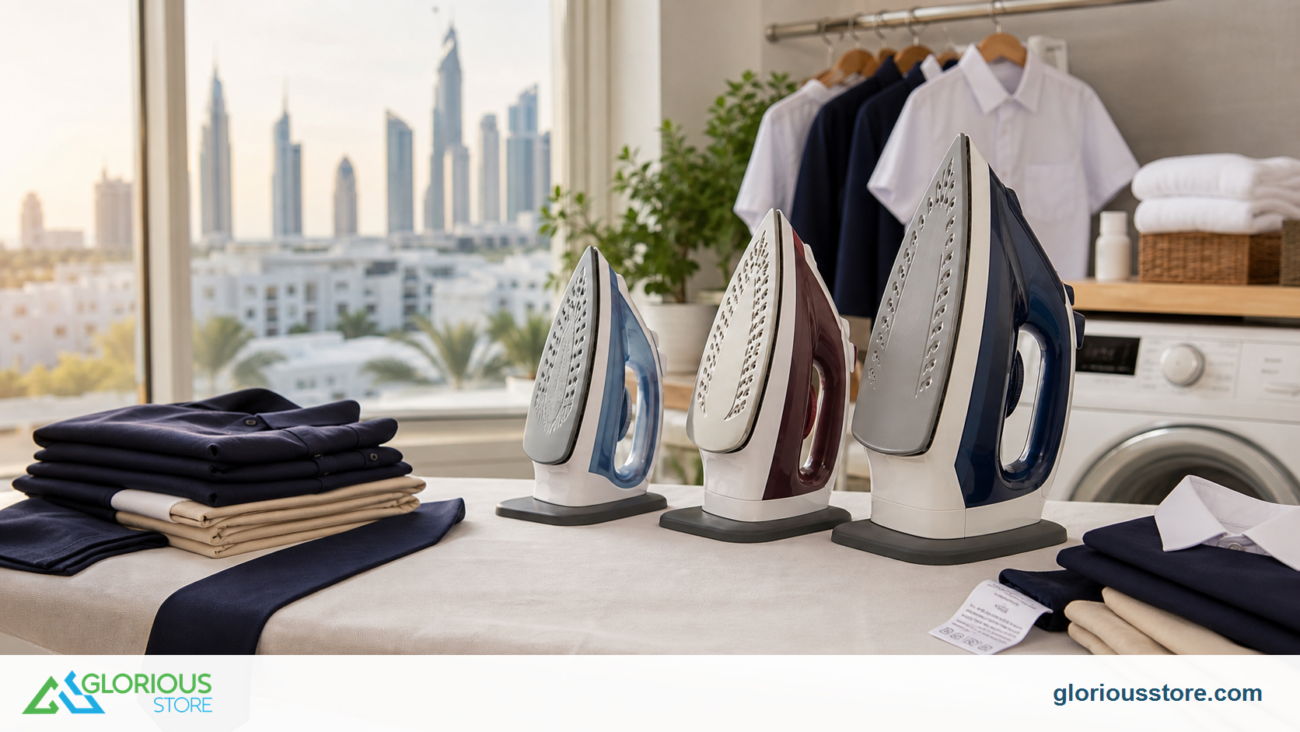 Three irons beside prepared UAE school uniforms in a bright laundry room