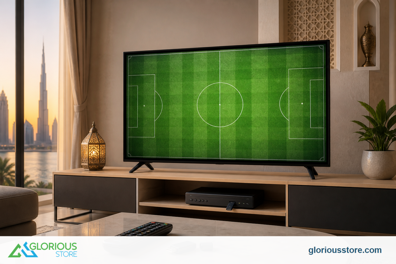 USB PVR satellite receiver connected to storage in a modern UAE living room with a football pitch on TV
