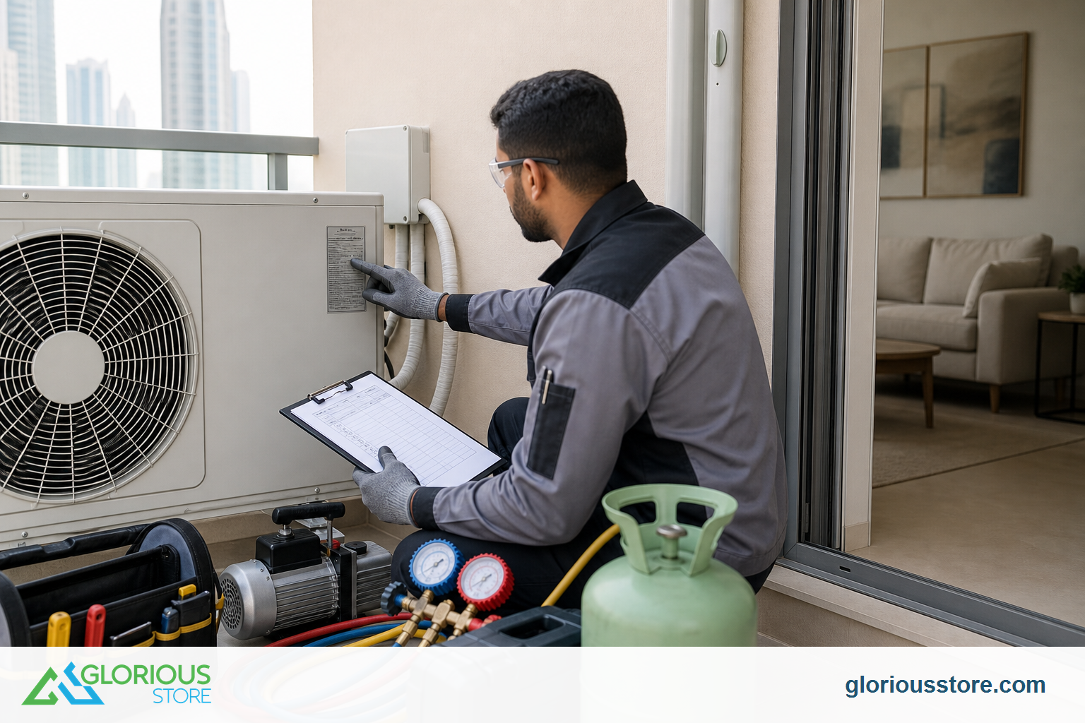 AC Refrigerant Guide UAE: 2026 Installer Checklist Qualified installer checks an outdoor AC data plate and pipe route before commissioning