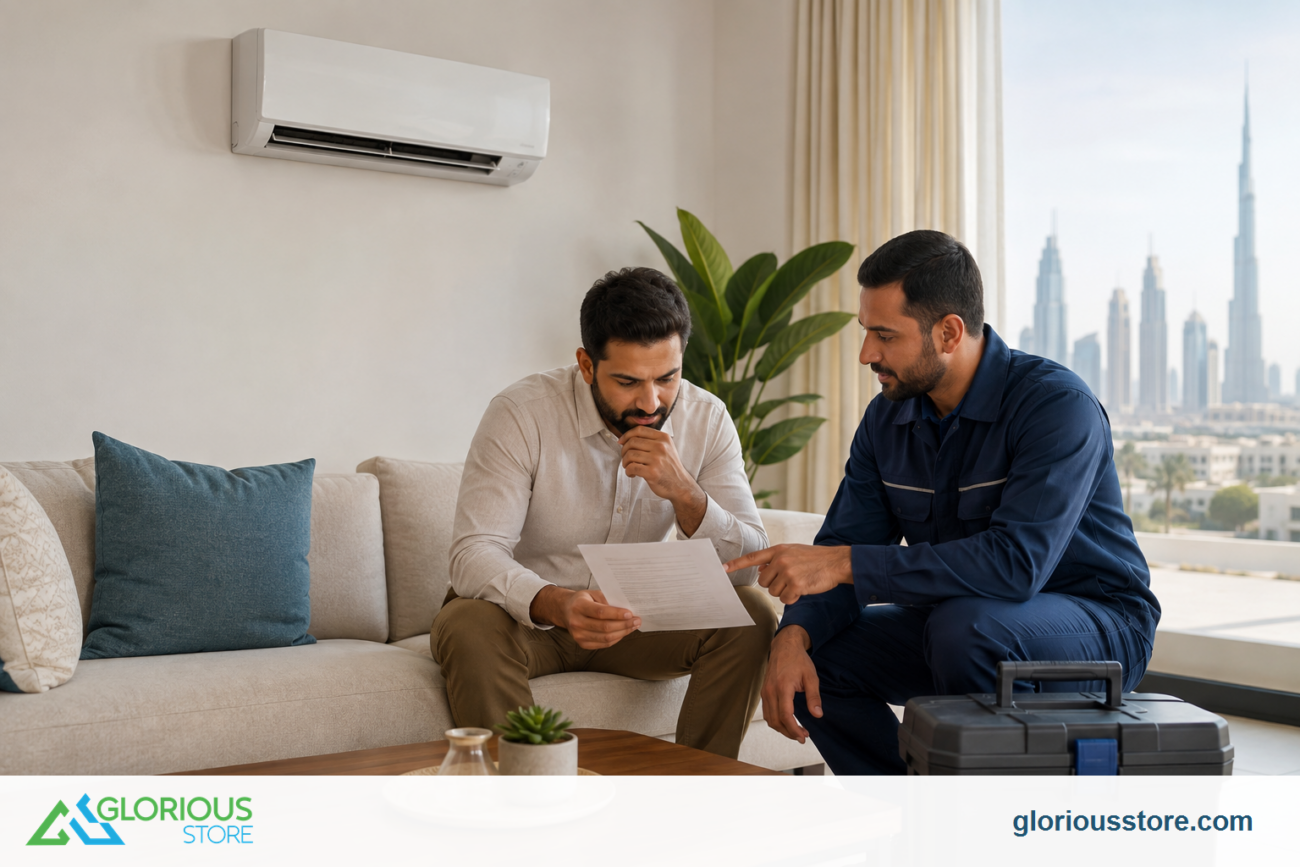 UAE homeowner and HVAC technician reviewing a split AC refrigerant installation checklist