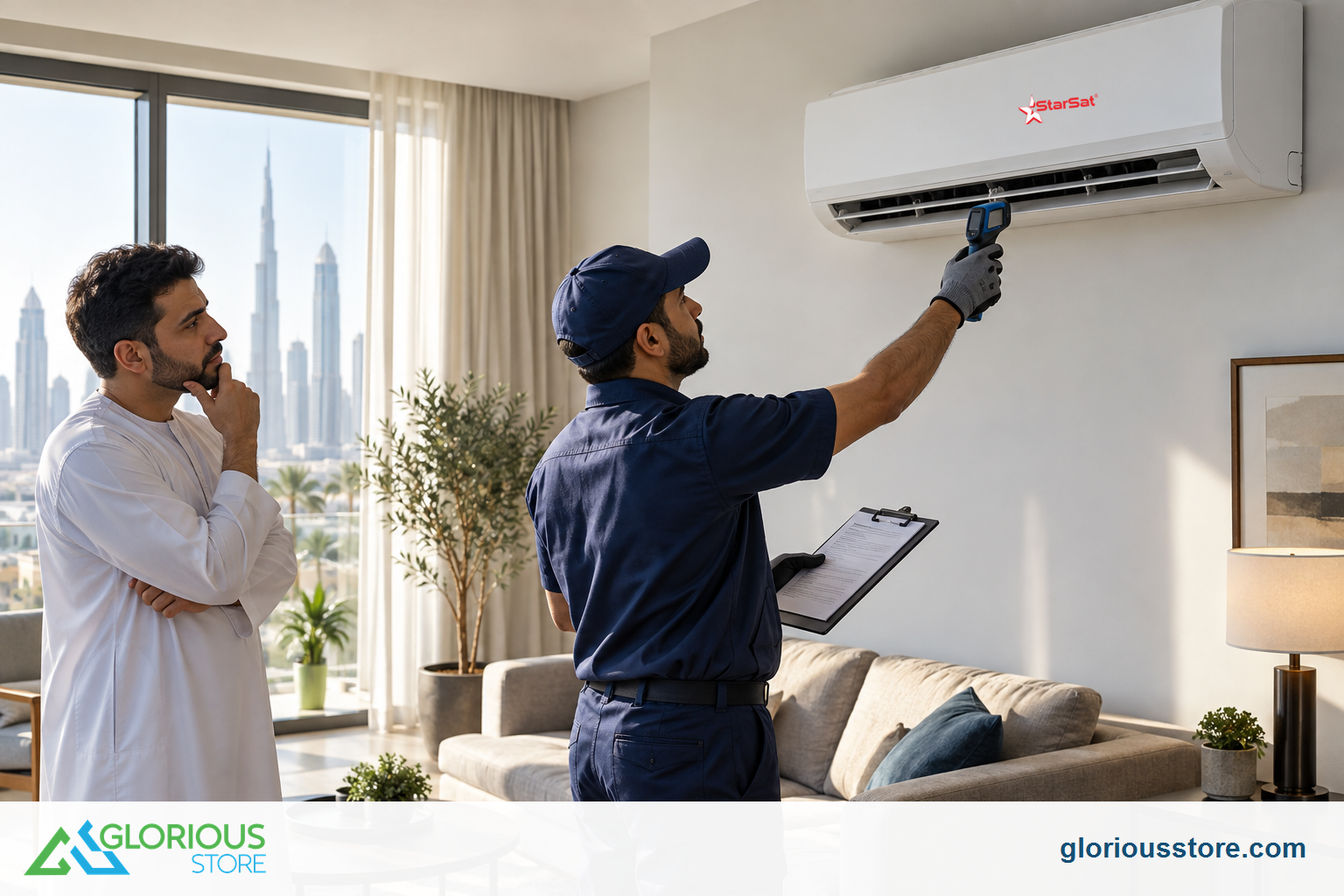 When to Replace an AC in UAE: 10-Year Decision Guide HVAC technician measures air temperature and reviews service history before an AC repair-or-replace decision.