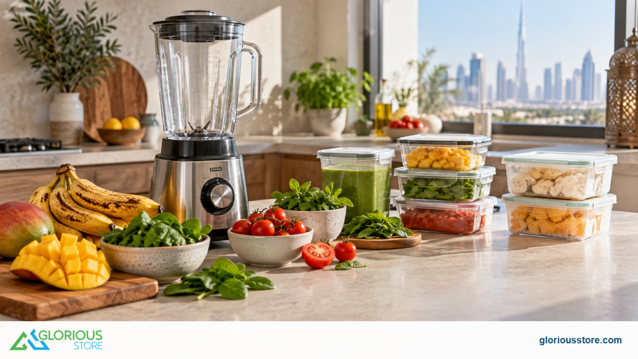 UAE kitchen blender with ripe produce and meal-prep containers for reducing food waste