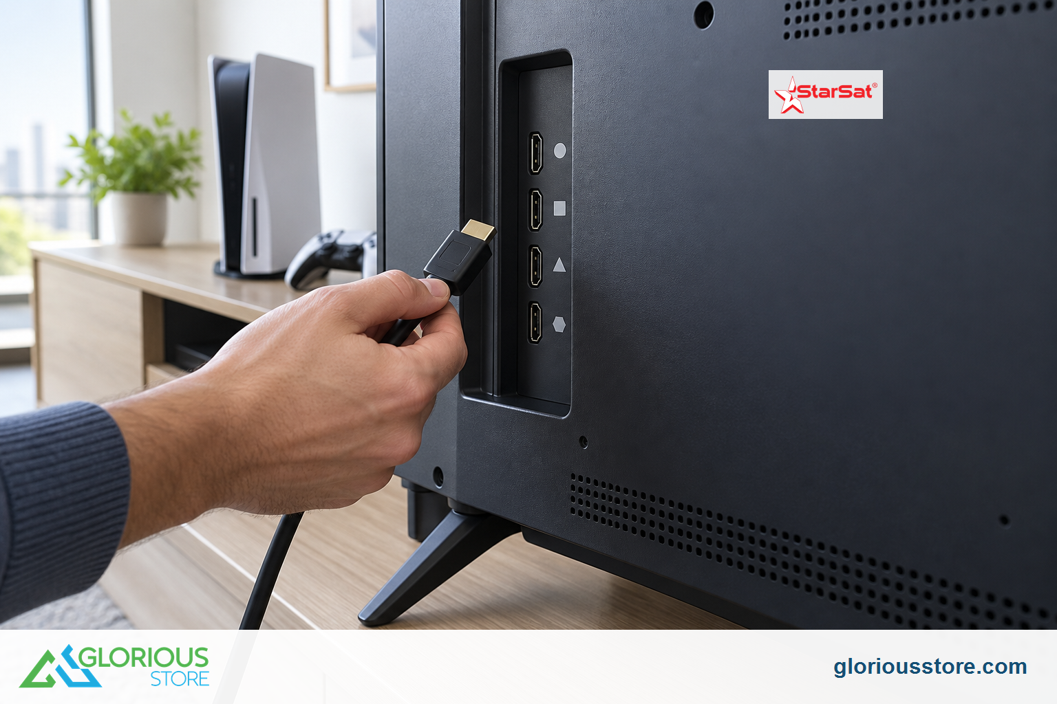 HDMI 2.2 vs 2.1 for UAE 4K TVs: 2026 Buyer Guide Buyer checking the rear HDMI inputs of a StarSat TV before connecting a game console