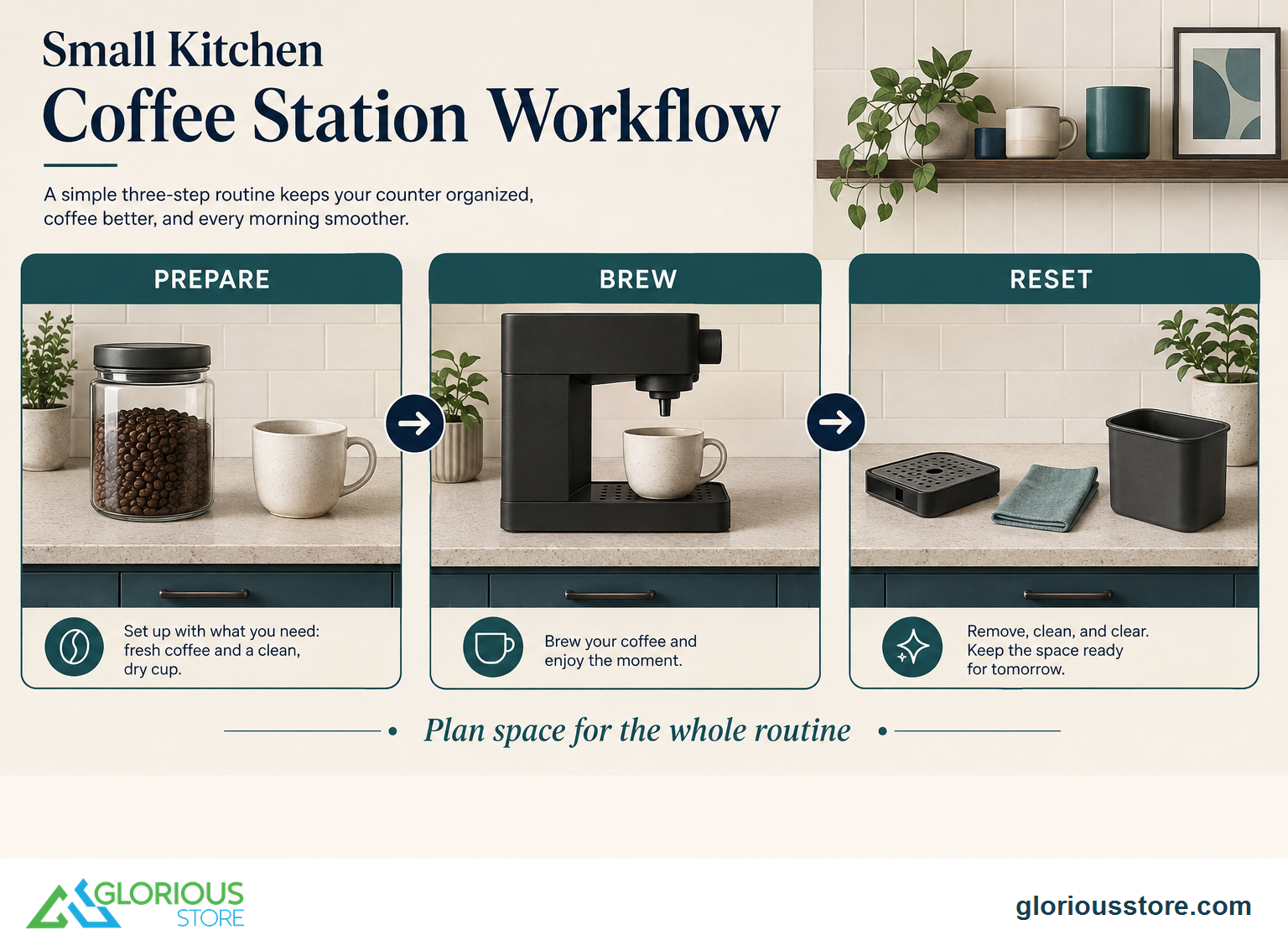 Three coffee station zones labeled prepare, brew, and reset with room for supplies and cleanup