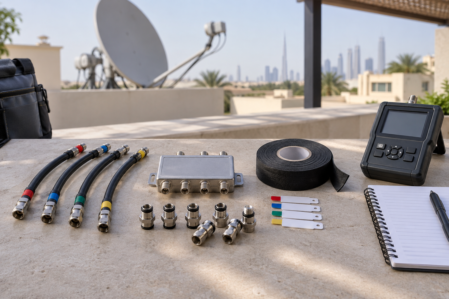 Four-port satellite switch, connectors, cable labels and signal meter prepared for installation