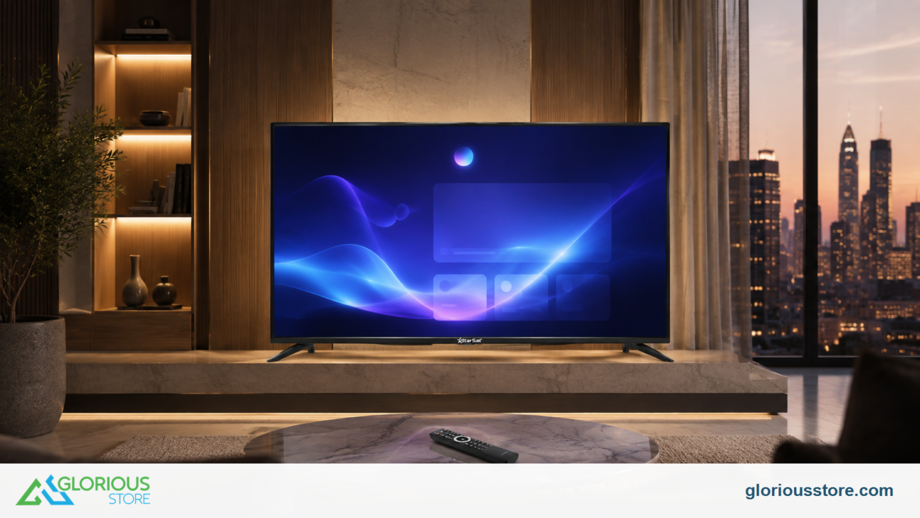 StarSat Google TV in a Dubai living room with an abstract AI interface