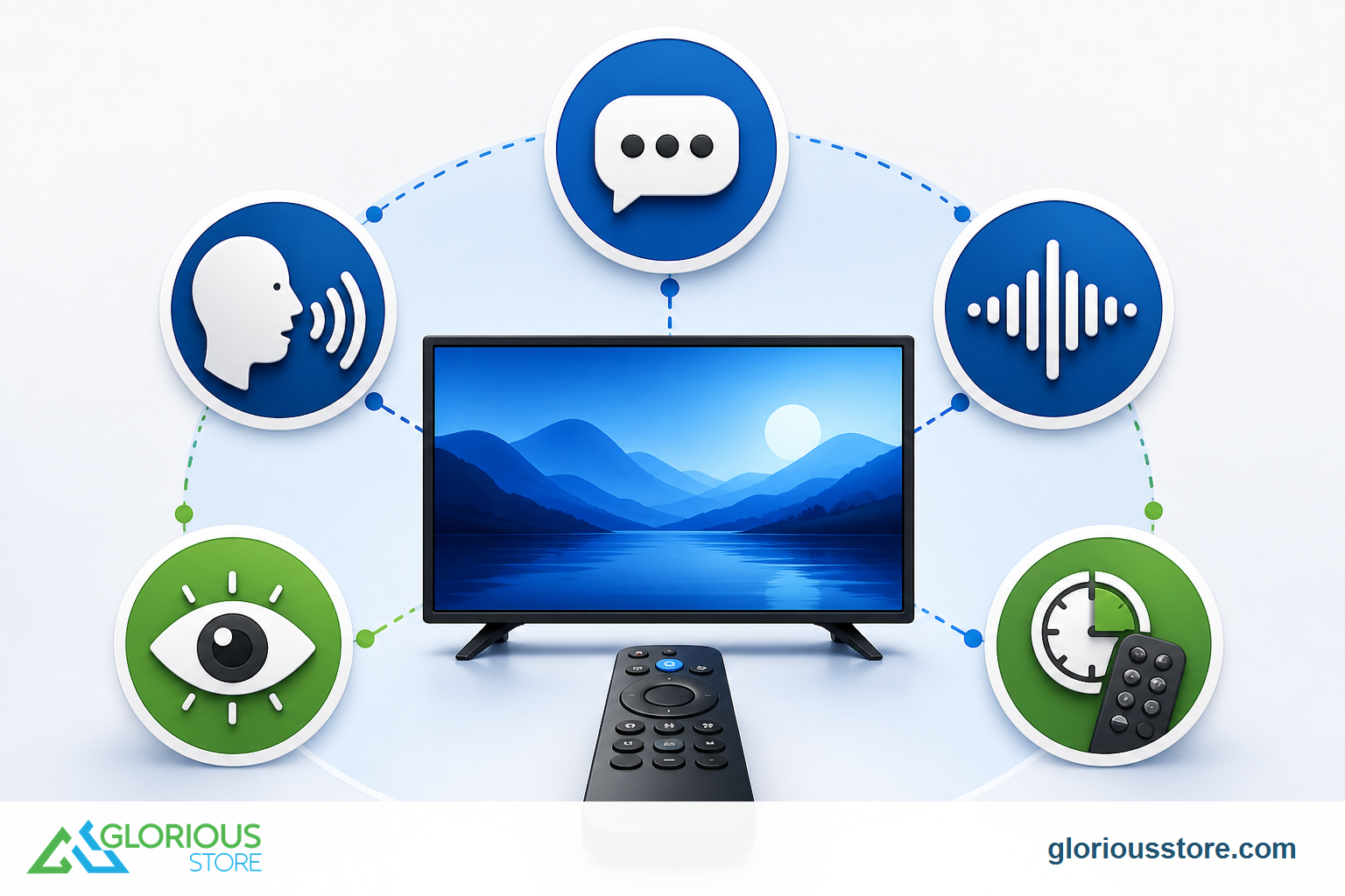 Five visual symbols connect captions, voice, audio description, contrast and remote timing to a television