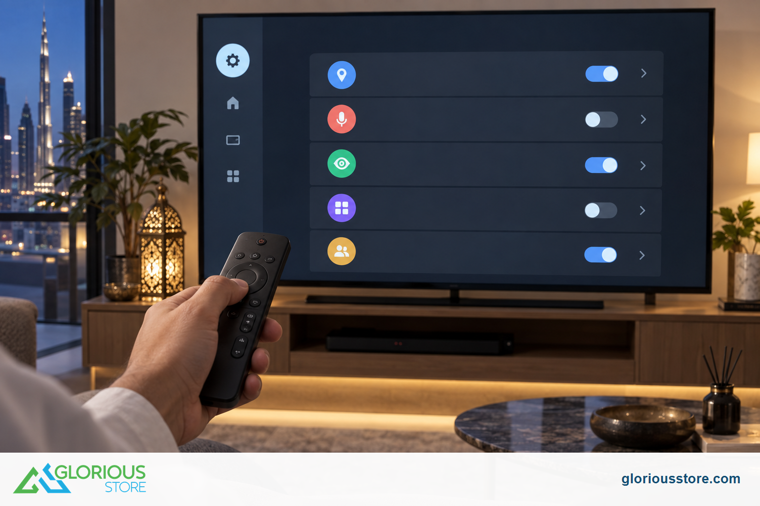 Google TV Privacy Settings UAE: 2026 Setup Guide An adult uses a generic remote while reviewing icon-based privacy controls on a smart television.