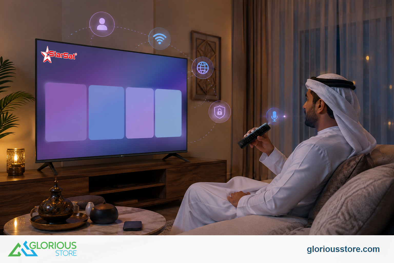 UAE viewer using a StarSat voice remote with abstract profile, network, region and privacy symbols