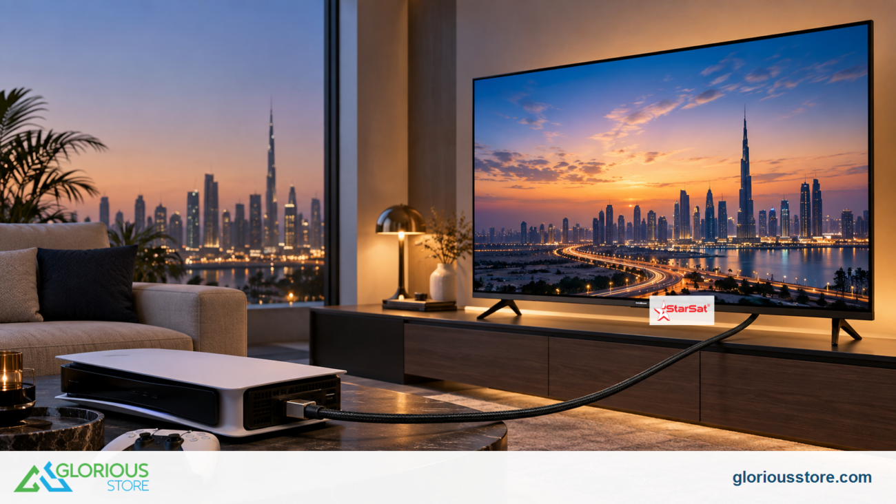 StarSat 4K TV, game console and HDMI cable in a UAE living room