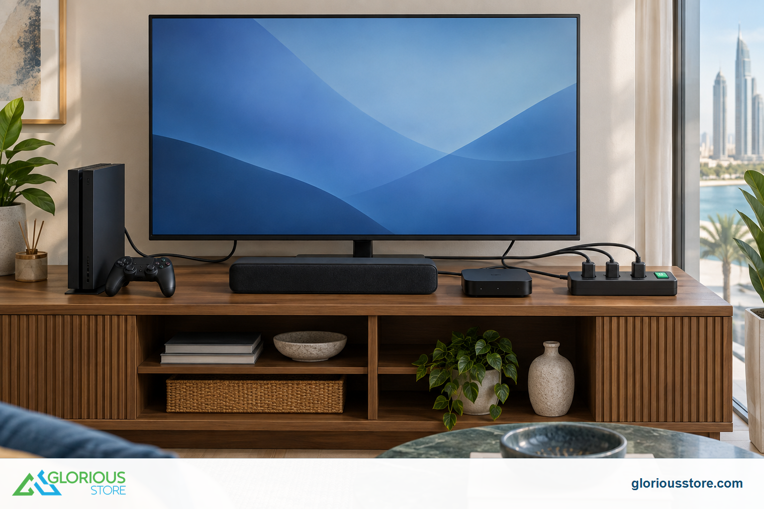 Smart TV Energy Saving Settings UAE: 2026 Practical Guide Smart TV, soundbar, game console and set-top box connected in a tidy home entertainment system