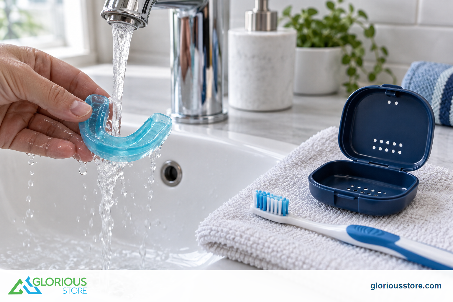 Sports Mouthguard UAE: Fit, Care & 2026 Buying Guide Sports mouthguard being rinsed with a toothbrush and ventilated storage case nearby