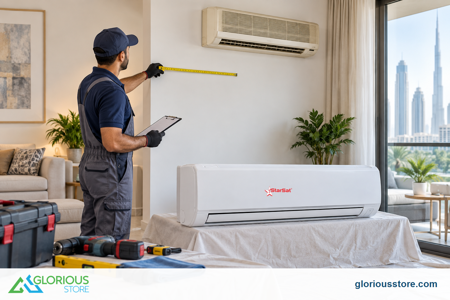 When to Replace an AC in UAE: 10-Year Decision Guide Technician measures a UAE apartment wall before installing a new StarSat split air conditioner.