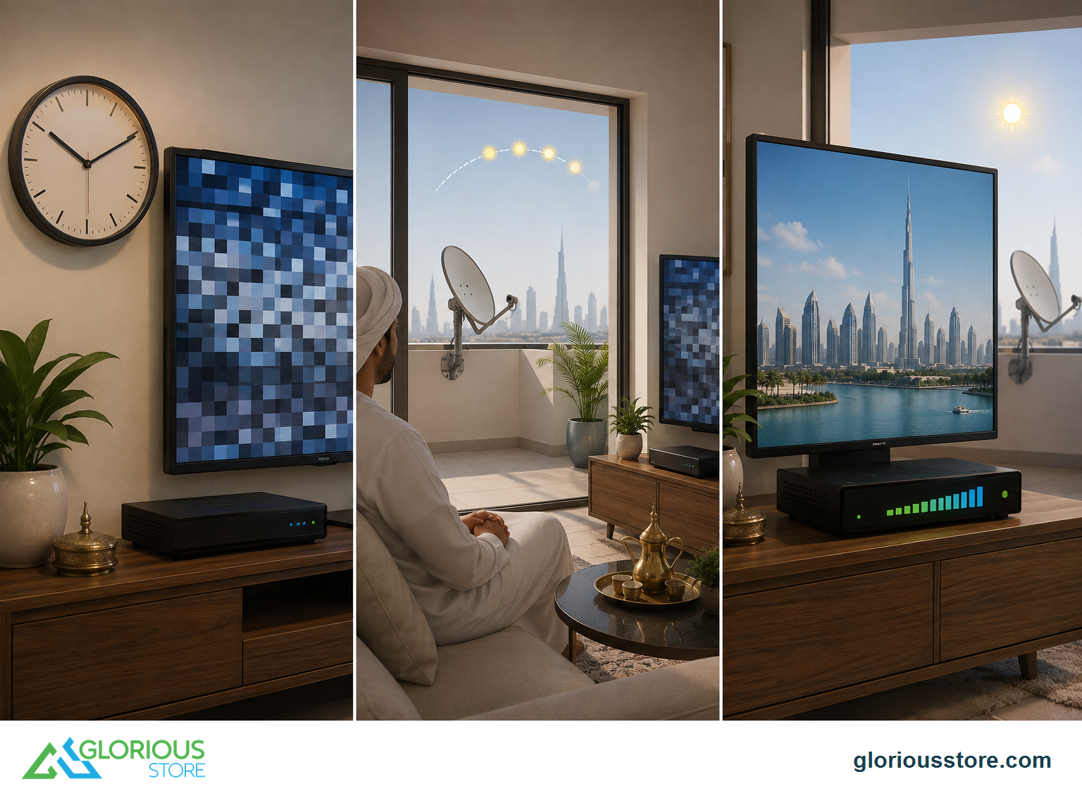 Satellite Sun Outage UAE: September 2026 Signal Guide Three-step visual showing a timed satellite signal drop, waiting without adjustment, and restored reception