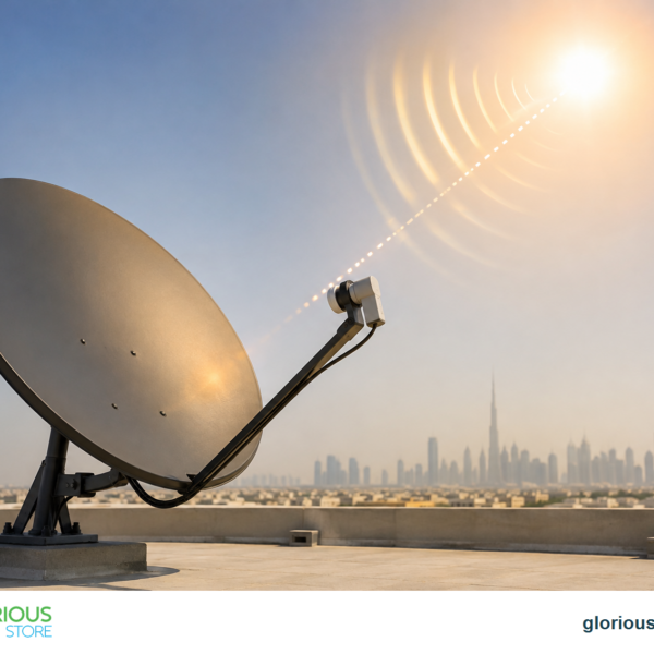 Satellite dish in UAE during a September sun outage alignment