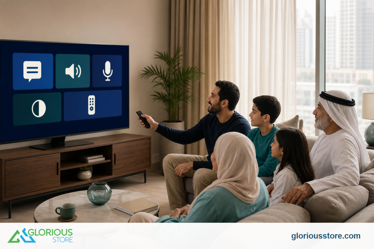 Multigenerational UAE family using smart TV accessibility settings in a modern living room